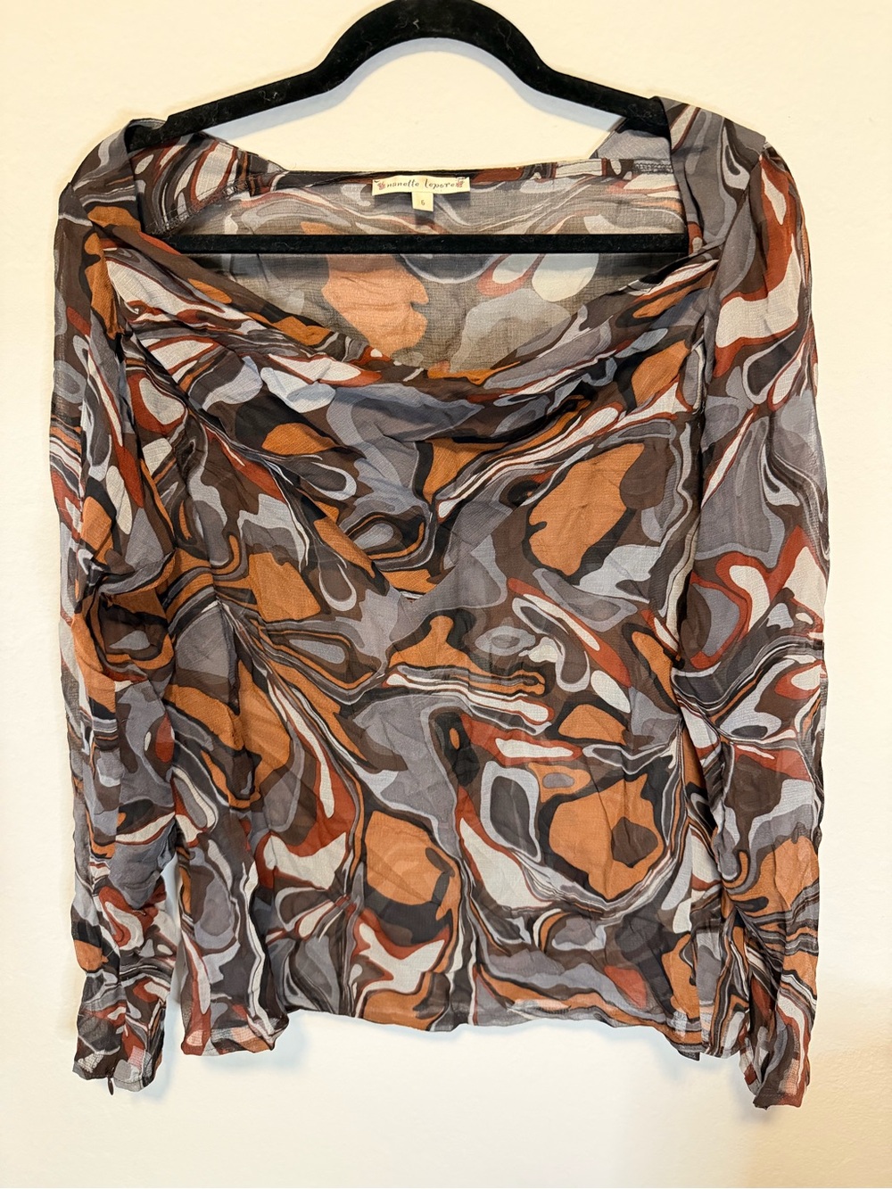 Nanette Lepore Abstract Swirl Long Sleeve Sheer Blouse in Brown & Gray